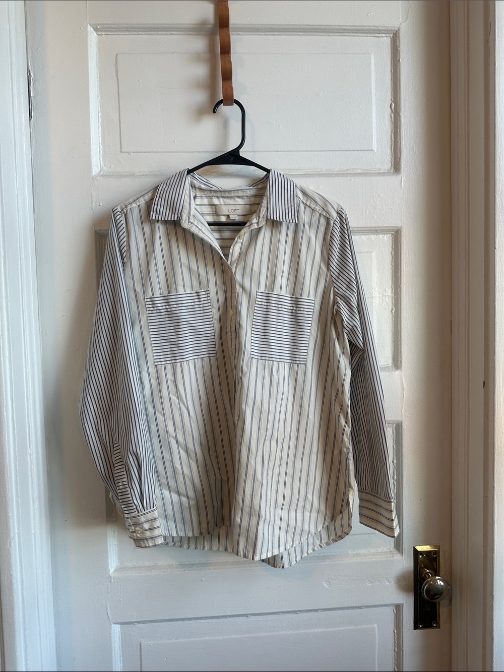 LOFT Cream and Navy Vertical Striped Button-Down Shirt